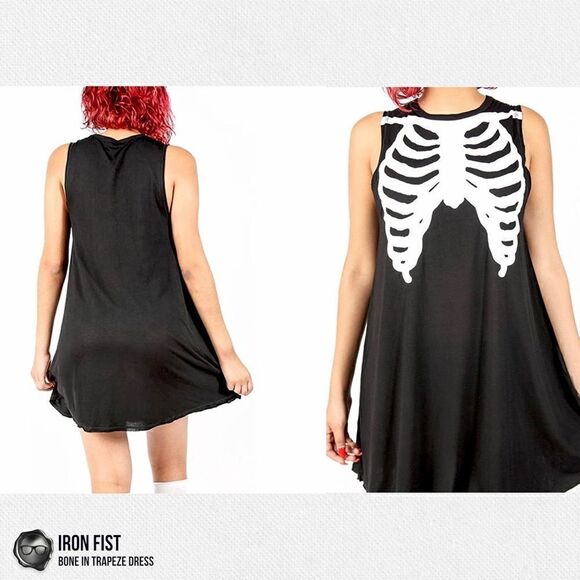 DOLLS KILL /IRON FIST BONE IN TRAPEZE TANK DRESS BLACK WHITE SKELETON BONES NWT - Picture 4 of 15
